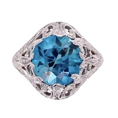 3.20 Carat Round Deep Blue Zircon Gold Art Deco Solitaire Ring