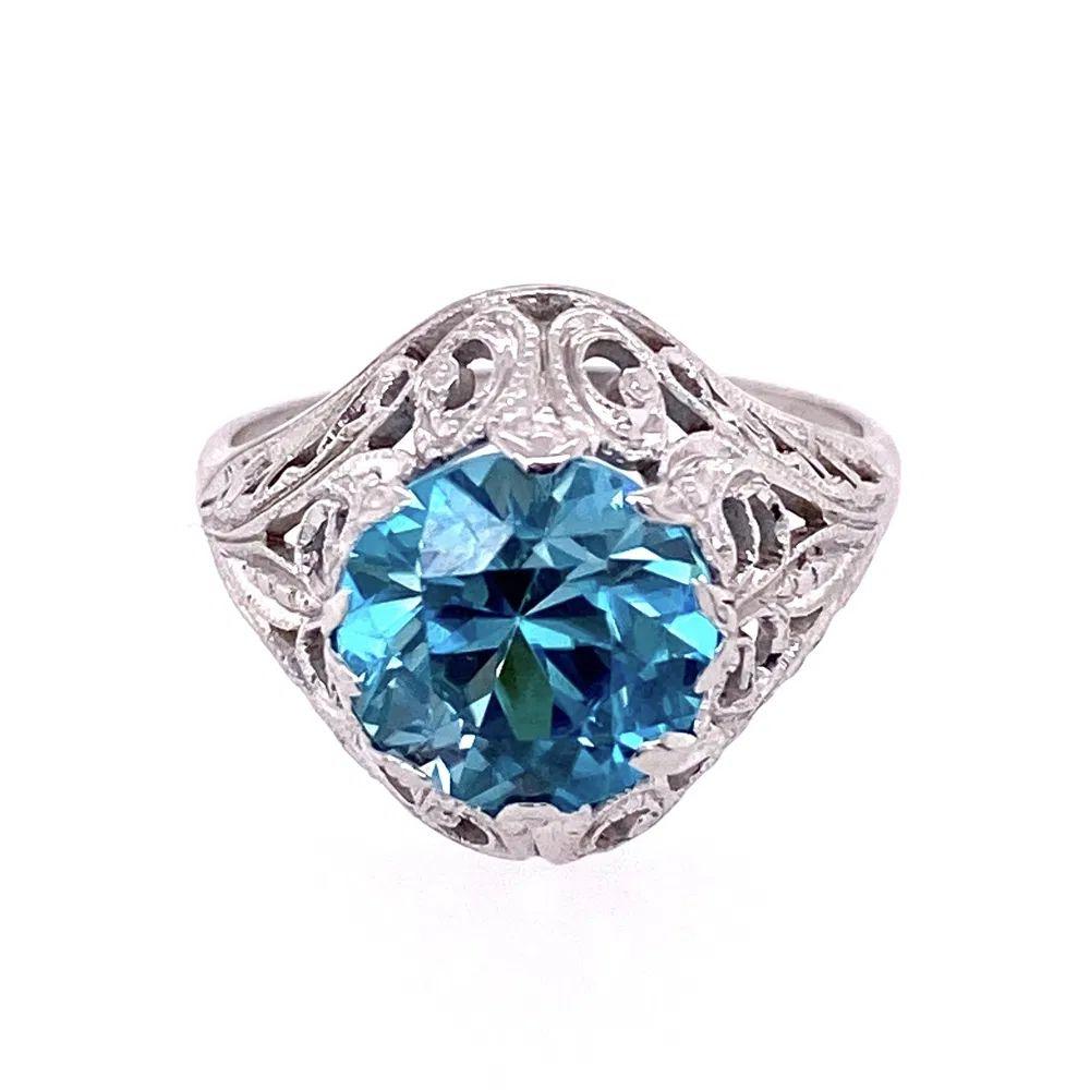 3,20 Karat Runder tiefblauer Zirkon Gold Art Deco Solitär Ring im Angebot 2