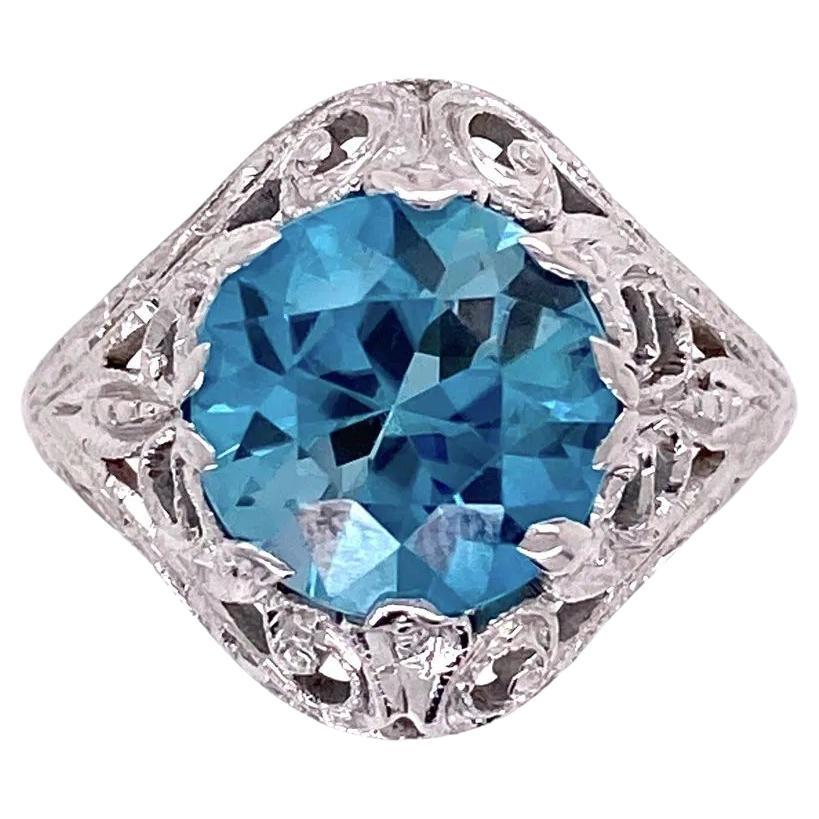 3,20 Karat Runder tiefblauer Zirkon Gold Art Deco Solitär Ring im Angebot