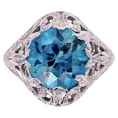 3.20 Carat Round Deep Blue Zircon Gold Art Deco Solitaire Ring