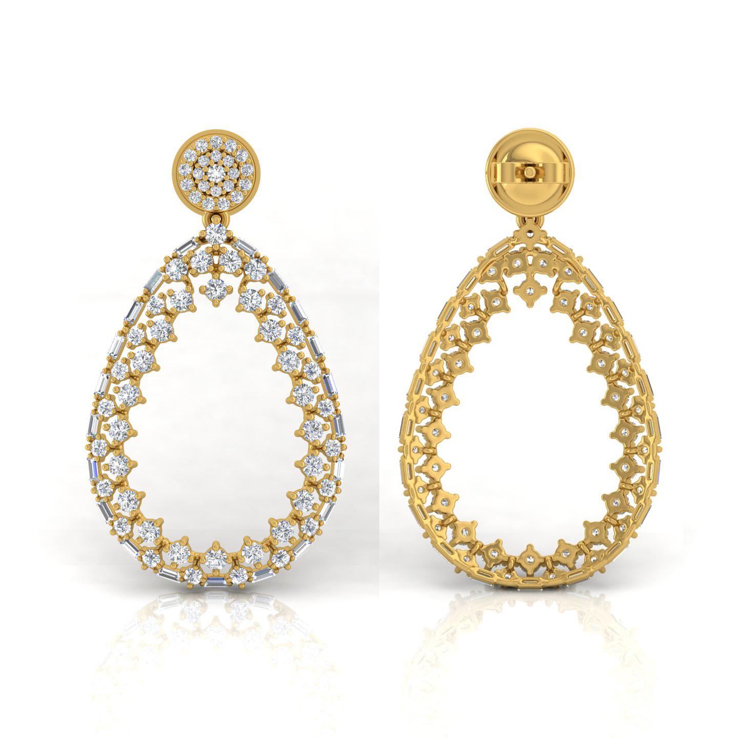 Women's 3.20 Carat SI/HI Baguette Diamond Dangle Earrings 18 Karat Yellow Gold Jewelry For Sale