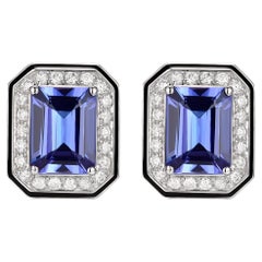 emerald cut tanzanite earrings 3.20 Carat Tanzanite Diamond Enamel Stud Earrings in 18 Karat White Gold