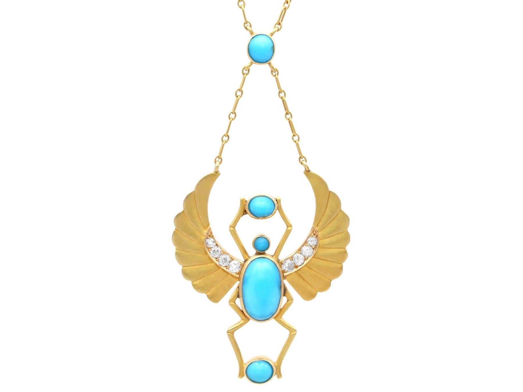 3.20 Carat Turquoise 0.23 Carat Diamond 18k Gold Egyptian Revival Pendant