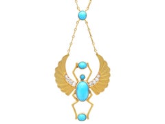 3.20 Carat Turquoise 0.23 Carat Diamond 18k Gold Egyptian Revival Pendant