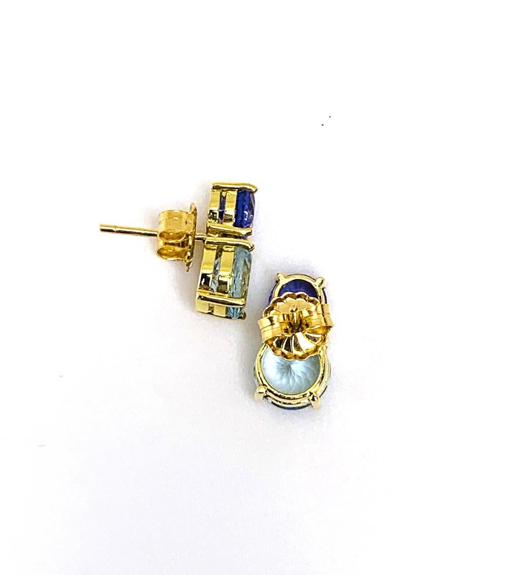 Artisan 3.20 Carat Aquamarine & Tanzanite 18k Yellow Gold Post Drop Earrings