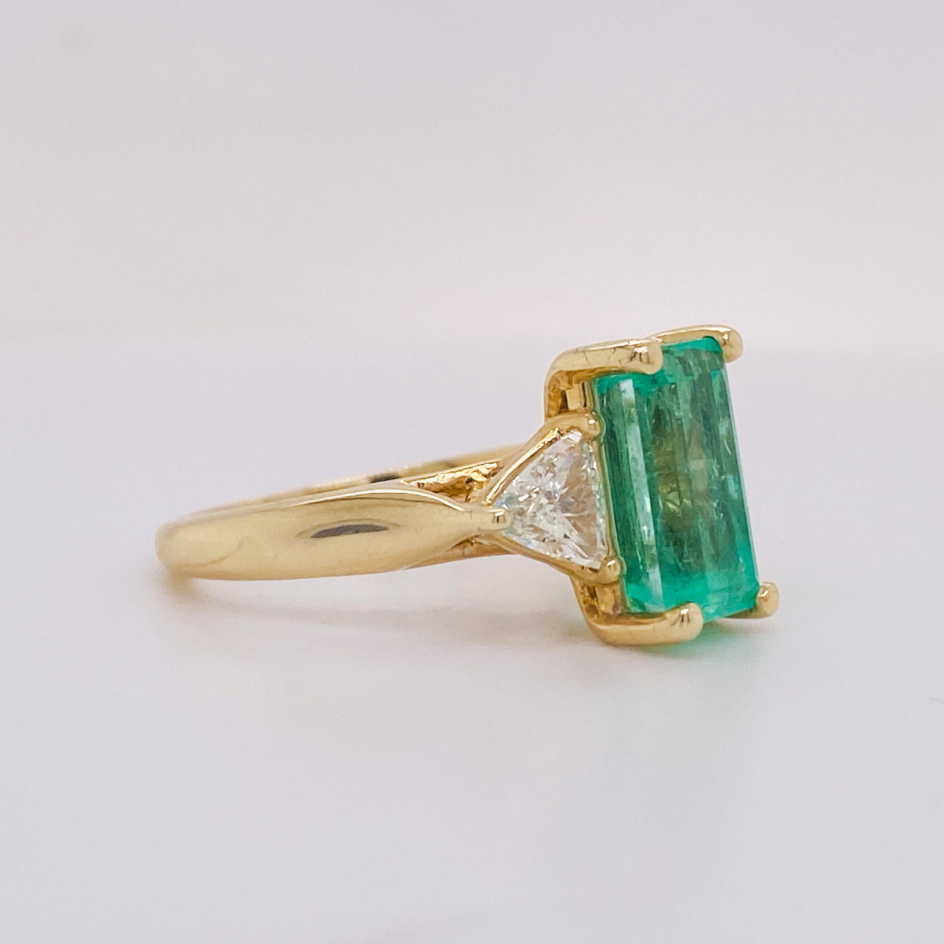 Emerald is the birthstone for the month of May. Celebrate your May loved one with this show stopping emerald and diamond ring! The long rectangular shape of the emerald is beautifully flattering on long graceful fingers. This 3.20 carat emerald is