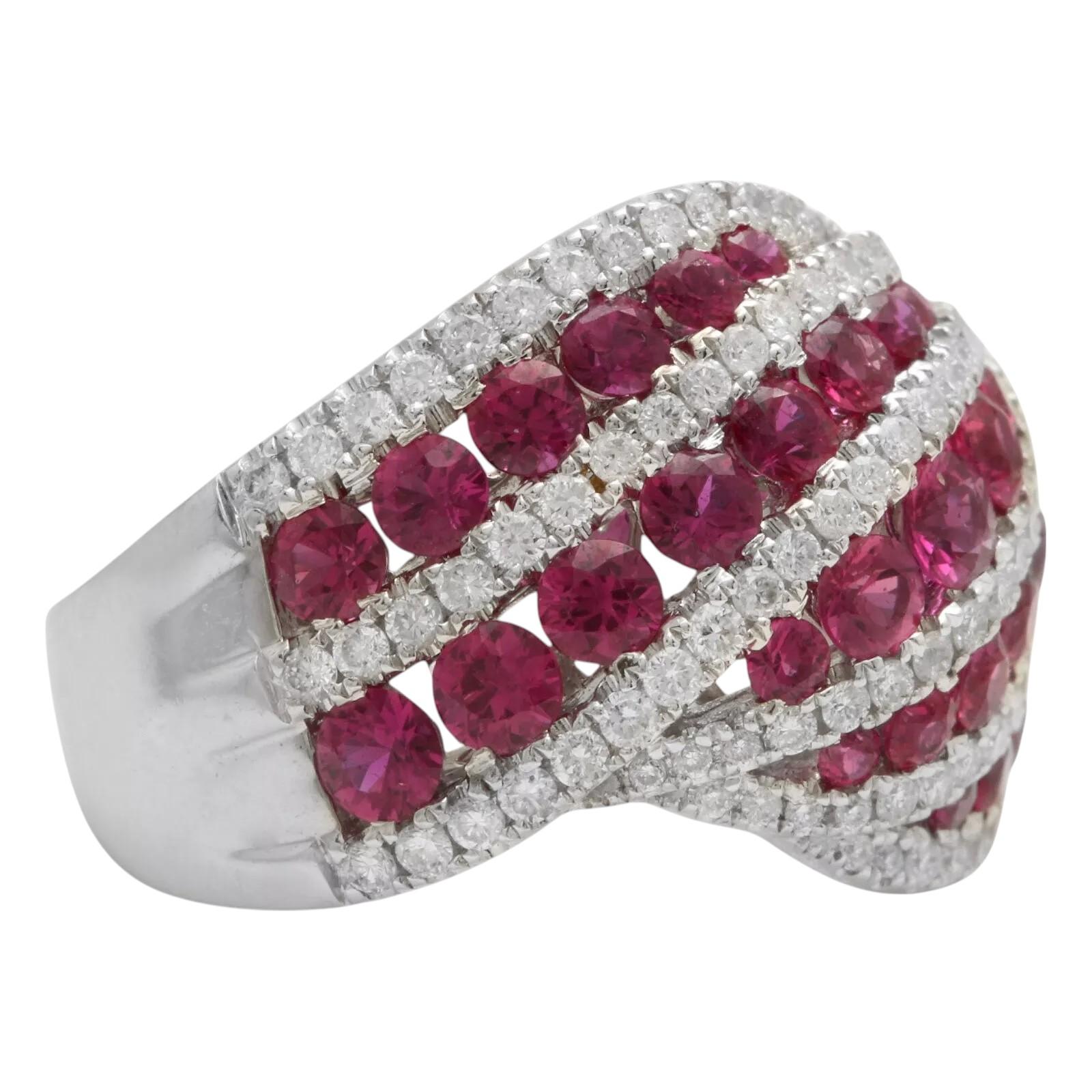 3.20 Carats Impressive Natural Burma Ruby and Diamond 18K Solid White Gold Ring


Suggested Replacement Value: $7,000.00

Total Red Ruby Weight is: 2.40 Carats (High Quality)

Ruby Treatment: Heat

Width of the ring is: 16.80mm

Natural Round