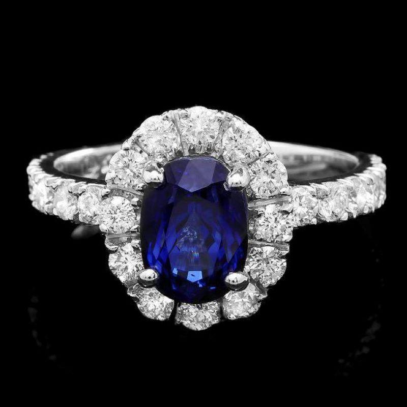 Mixed Cut 3.20 Carats Natural Blue Sapphire and Diamond 14K Solid White Gold Ring For Sale