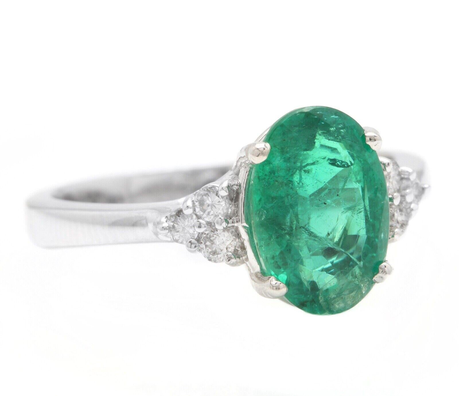 3.20 Carats Natural Emerald and Diamond 14K Solid White Gold Ring

Suggested Replacement Value: $5,200.00

Total Natural Green Emerald Weight is: Approx. 3.00 Carats (transparent)

Emerald Treatment: Oiling  

Emerald Measures: 10.85 x