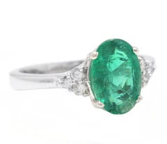 3.20 Carats Natural Emerald and Diamond 14k Solid White Gold Ring