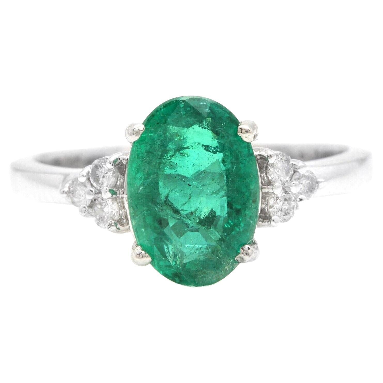 3.20 Carats Natural Emerald and Diamond 14k Solid White Gold Ring