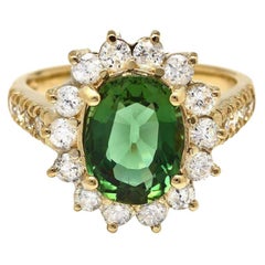 Bague en or jaune massif 14 carats avec tourmaline verte naturelle de 3,20 carats et diamants