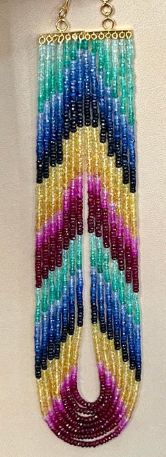 320 ct 7 Layer Natural Emerald Ruby & Sapphire Bead Necklace 14k Gold Adjustable
