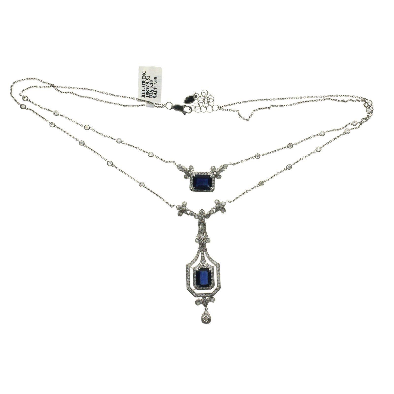 3.20 Carat Diamonds 7.05 Carat Blue Sapphire 18 Karat White Gold Drop Necklace In New Condition For Sale In Los Angeles, CA