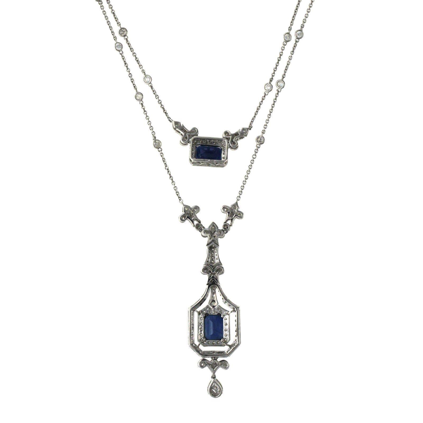 Women's 3.20 Carat Diamonds 7.05 Carat Blue Sapphire 18 Karat White Gold Drop Necklace For Sale