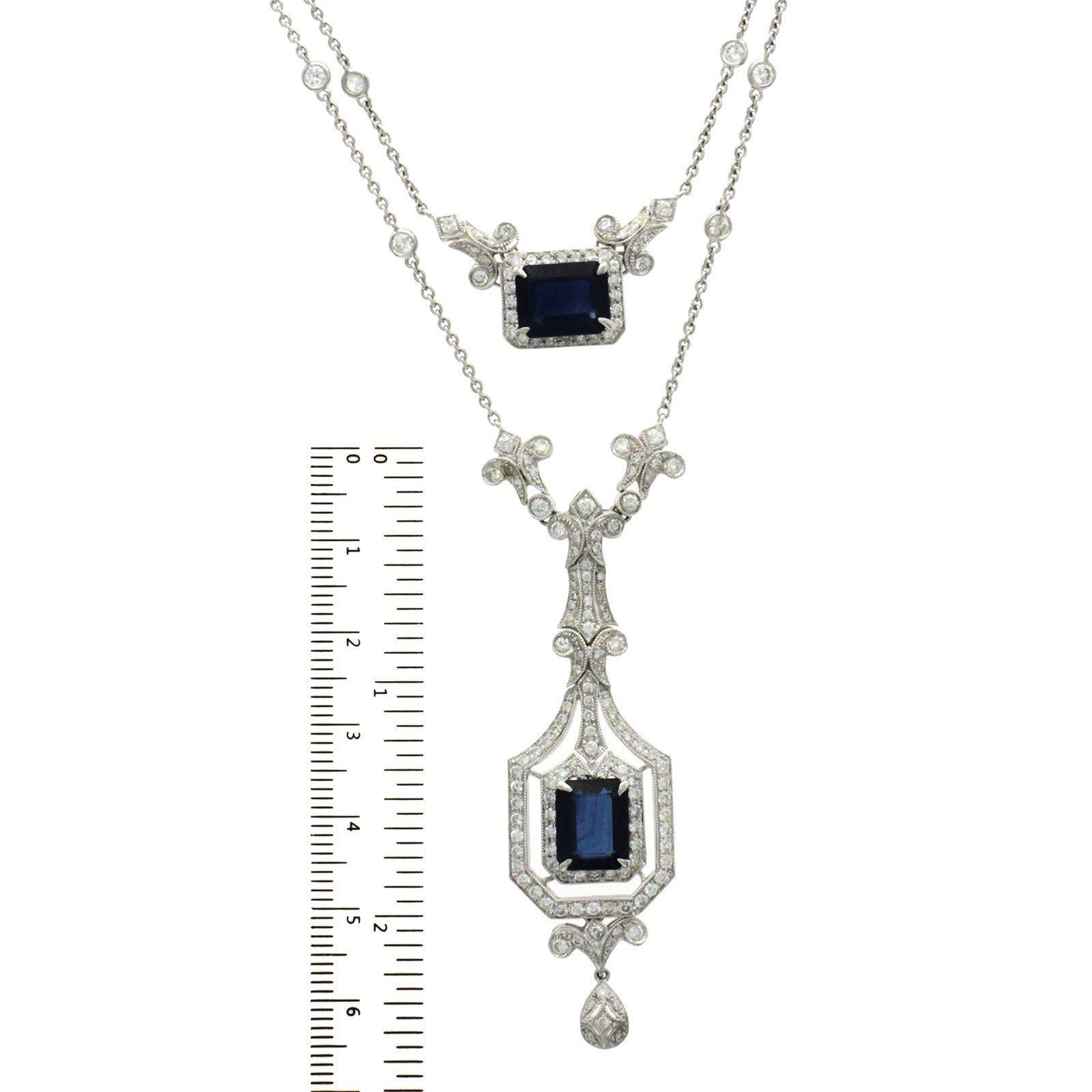 3.20 Carat Diamonds 7.05 Carat Blue Sapphire 18 Karat White Gold Drop Necklace For Sale 1