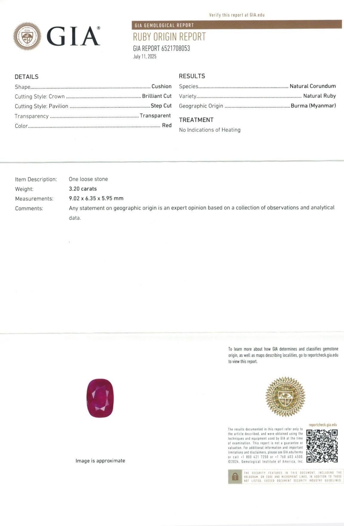 3.20 Ct Certificat GIA Rubis Naturel Birmanie  non chauffé Couleur rouge œil propre qualité Unisexe en vente