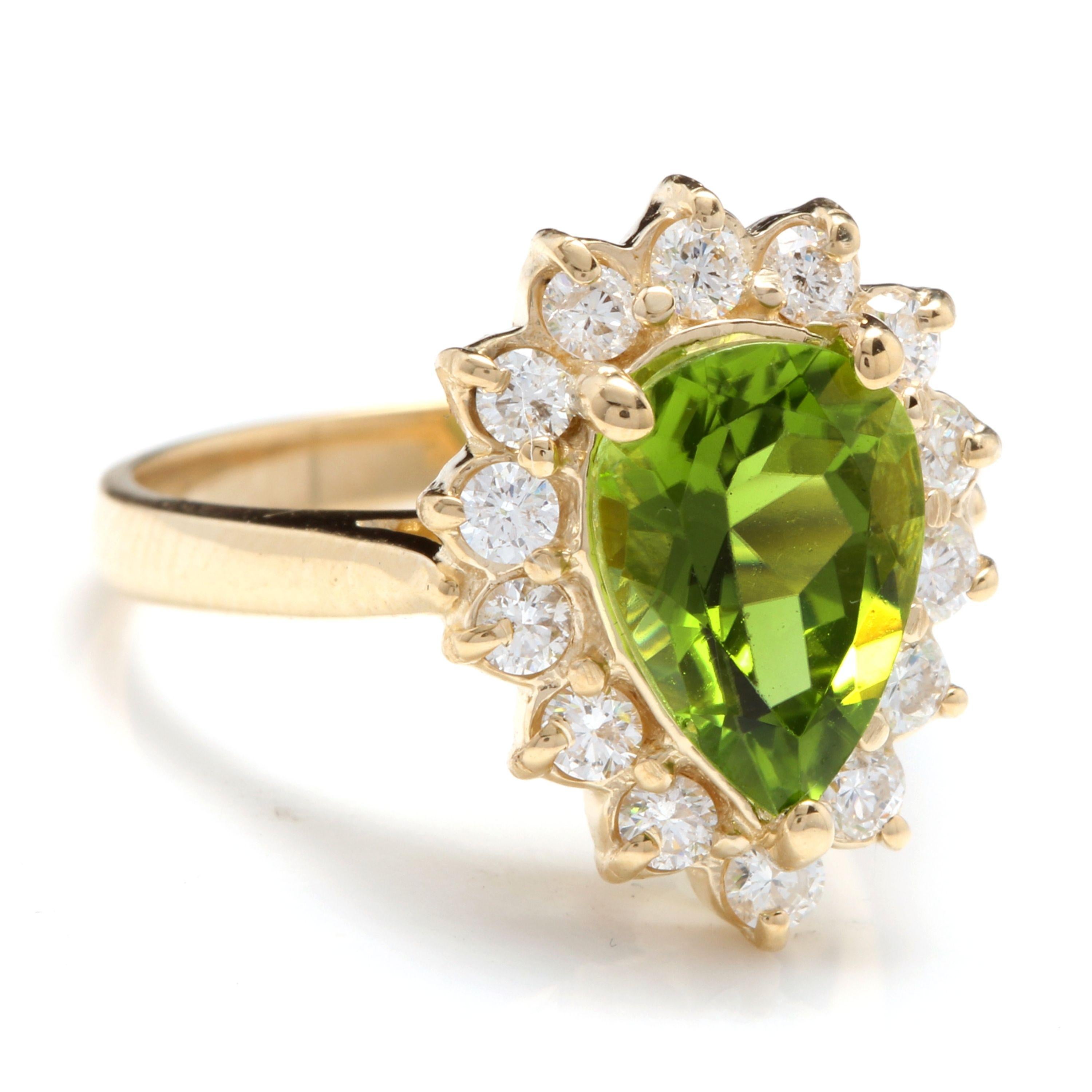 3.20 Carats Natural Very Nice Looking Peridot and Diamond 14K Solid Yellow Gold Ring

Total Natural Pear Shaped Peridot Weight is: Approx. 2.50 Carats

Peridot Measures: Approx. 11 x 7mm

Natural Round Diamonds Weight: Approx. 0.70 Carats (color G-H