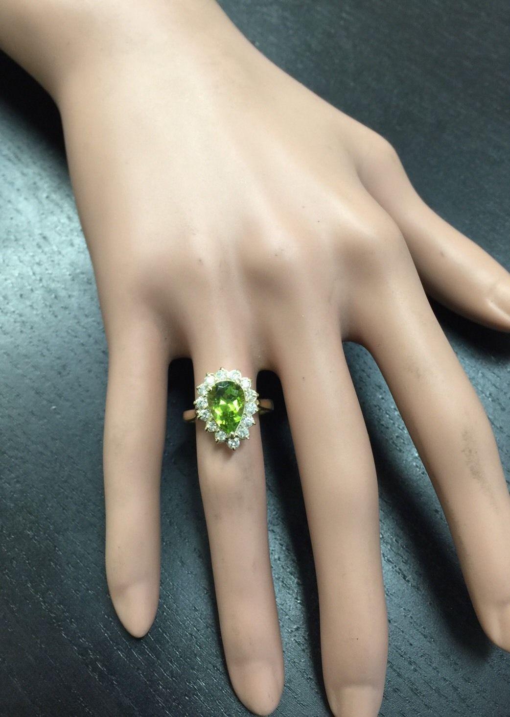 3.20 Ct Natural Very Nice Looking Peridot and Diamond 14K Solid Yellow Gold Ring For Sale 2