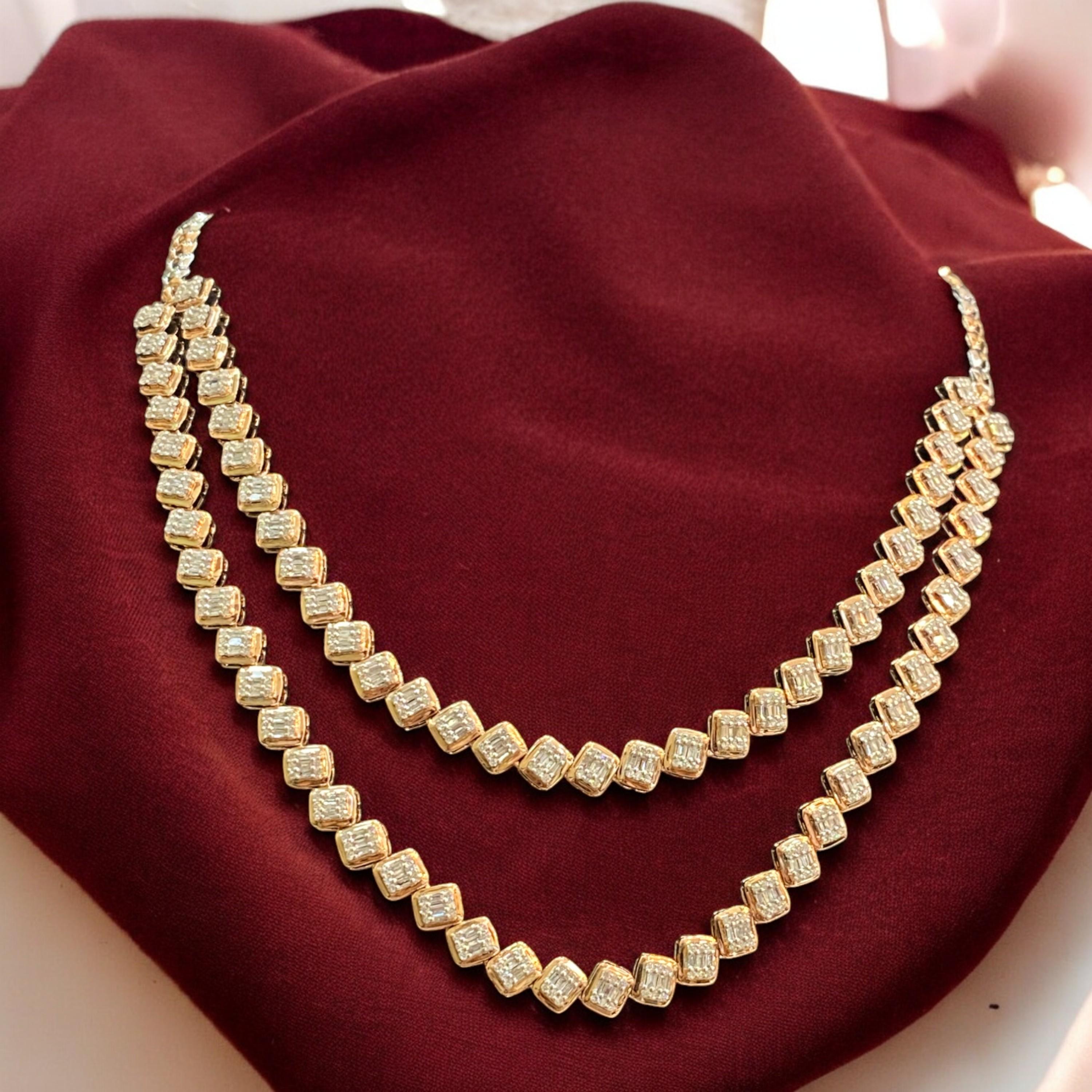 Contemporain Collier tennis à deux brins en or 14 carats avec diamants taille baguette ronde 3,20 carats F/VS1 en vente
