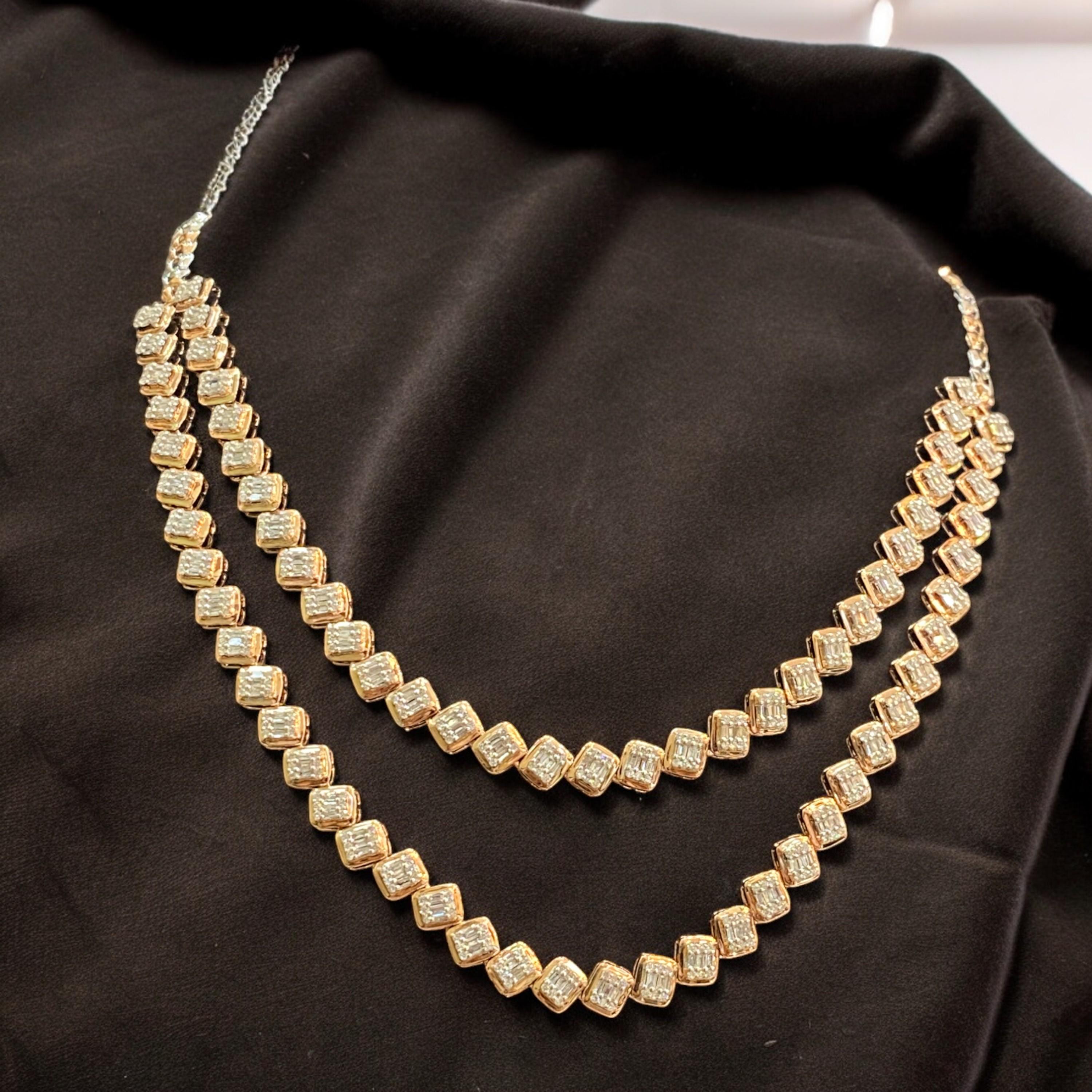 Taille baguette Collier tennis à deux brins en or 14 carats avec diamants taille baguette ronde 3,20 carats F/VS1 en vente