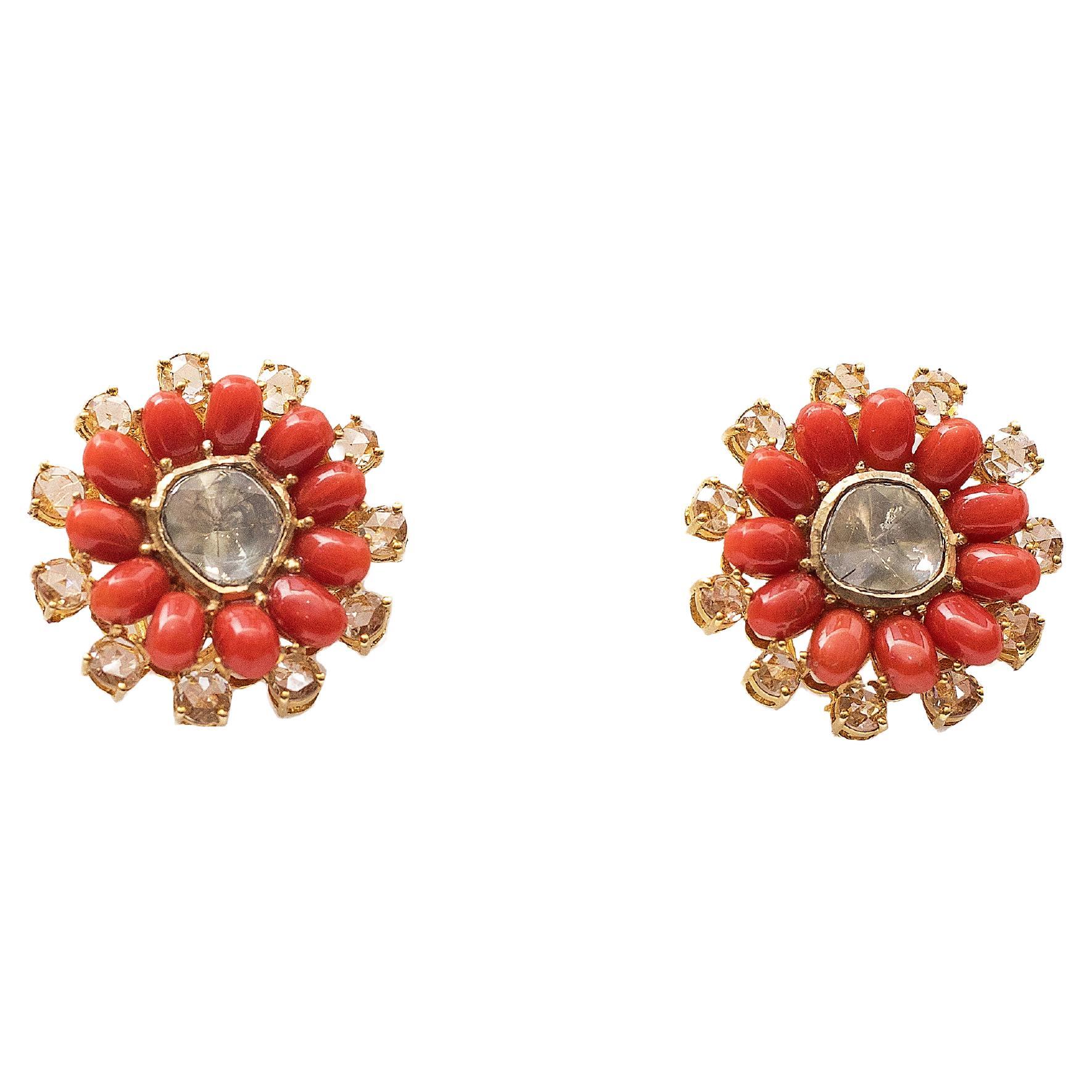 3.20 Cts Flat Cut, Rose Cut Diamonds and Coral Stud Earring in 14k Gold