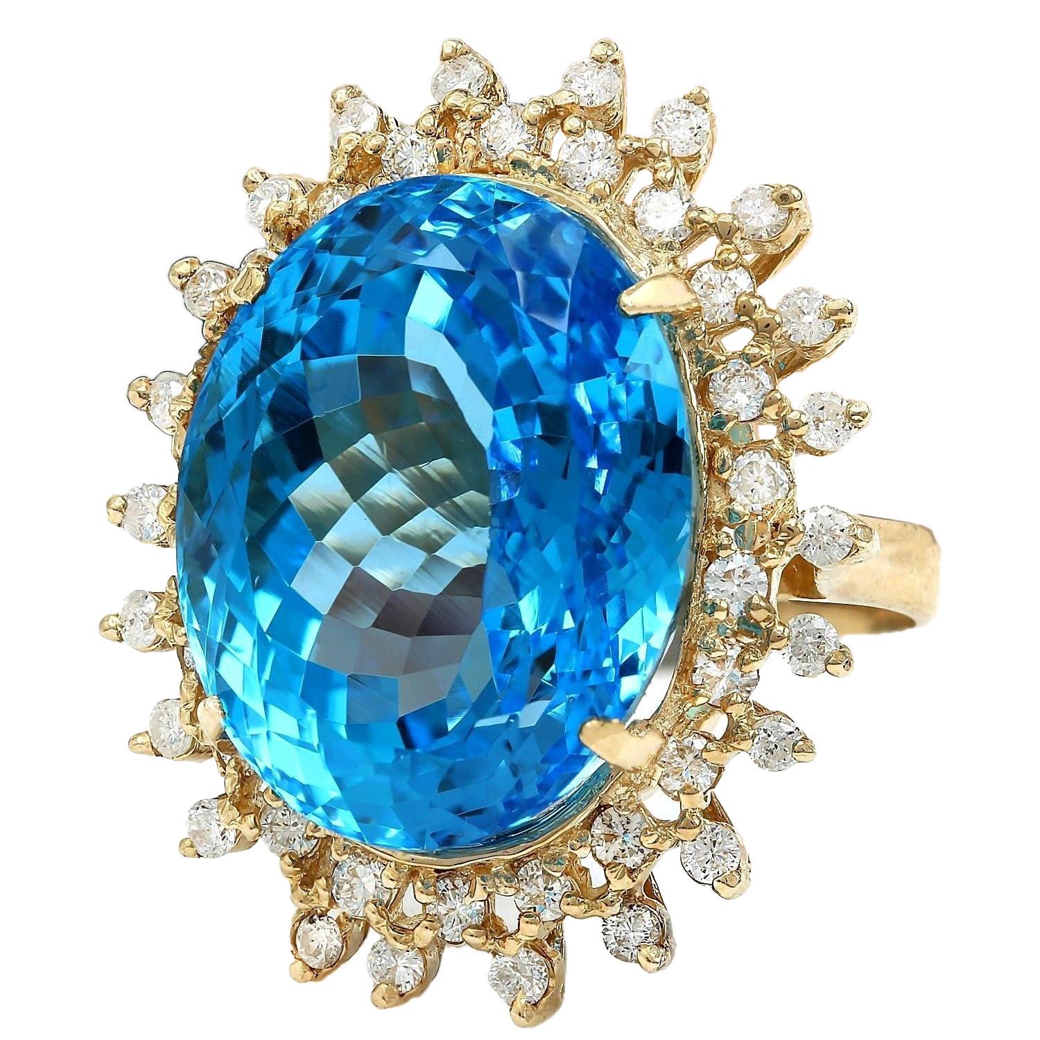 32.00 Carat Natural Topaz 14K Solid Yellow Gold Diamond Ring
 Item Type: Ring
 Item Style: Cocktail
 Material: 14K Yellow Gold
 Mainstone: Topaz
 Stone Color: Blue
 Stone Weight: 30.50 Carat
 Stone Shape: Oval
 Stone Quantity: 1
 Stone Dimensions: