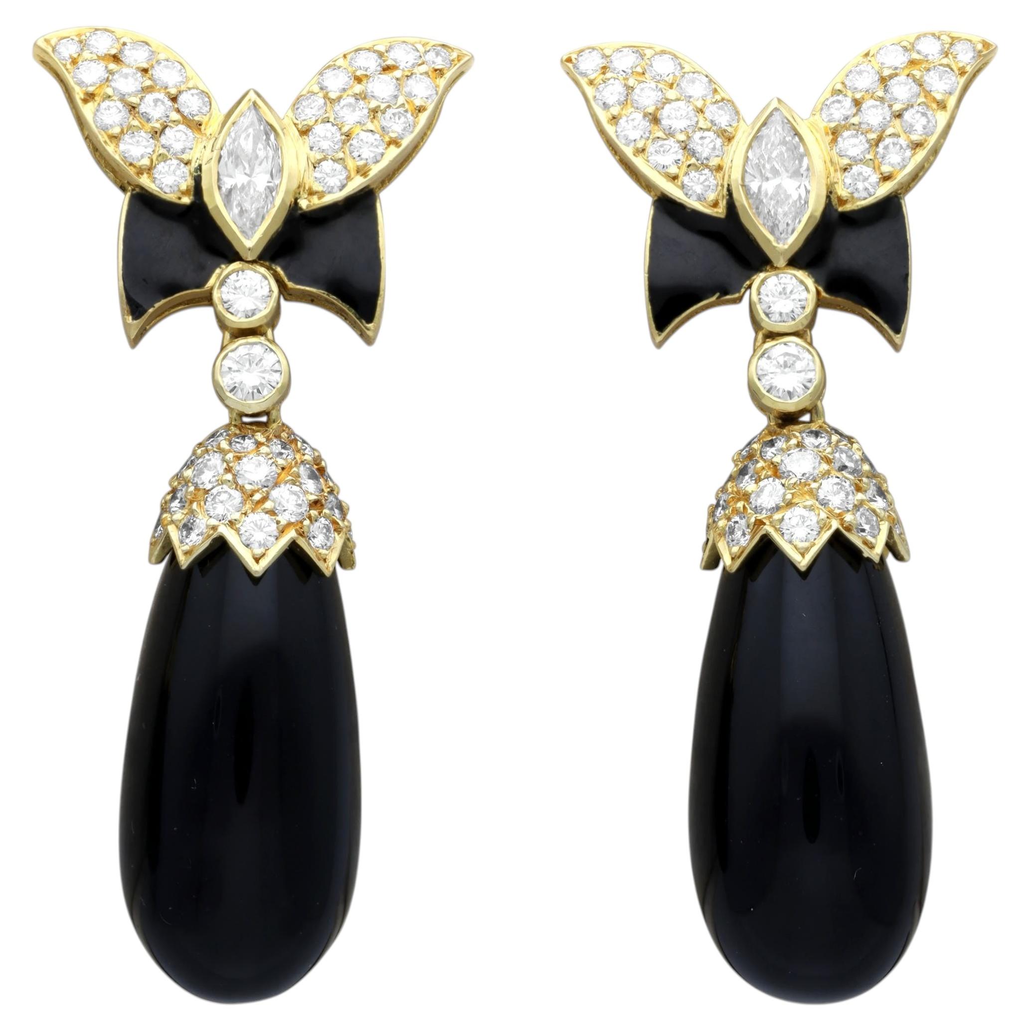Orecchini pendenti in oro giallo 18 carati con onice da 32,00 carati e diamanti da 3,50 carati, circa 1990