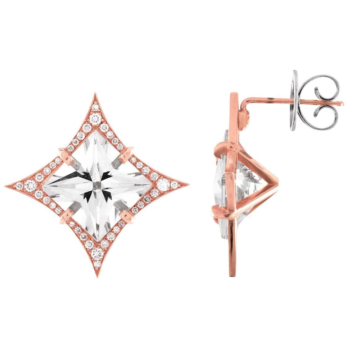 32.00 Carat White Topaz and Diamonds "Cardinal Points" Gold Earrings For Sale