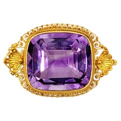 32.06 Carat Cushion Cut Amethyst Solitaire Brooch in 14 Karat Yellow Gold