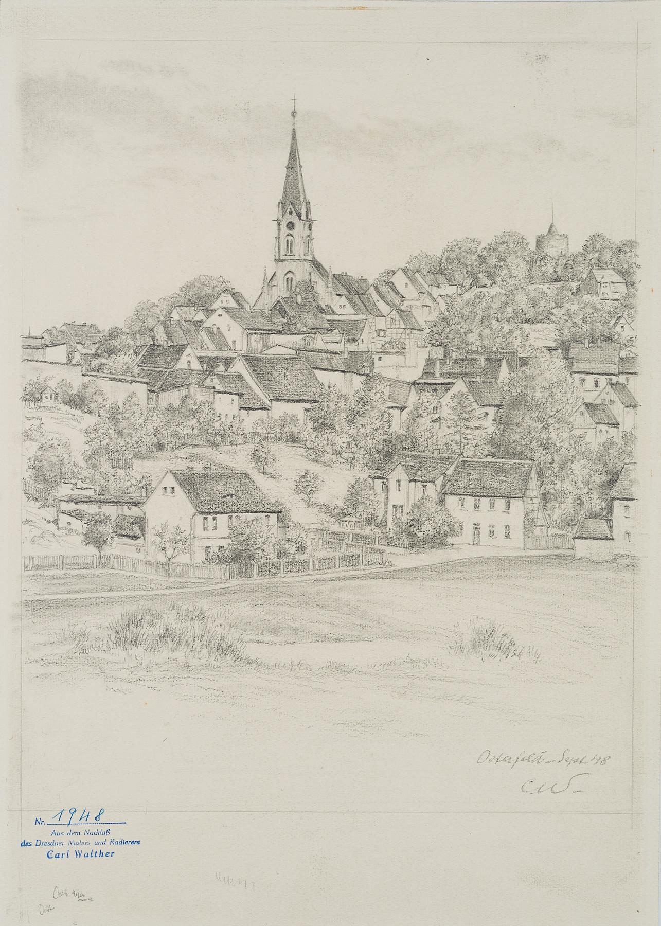Landscape Art Carl August Walther - Vue d'Osterfeld avec l'église Luther (Burgenlandkreis en Saxony-Anhalt)