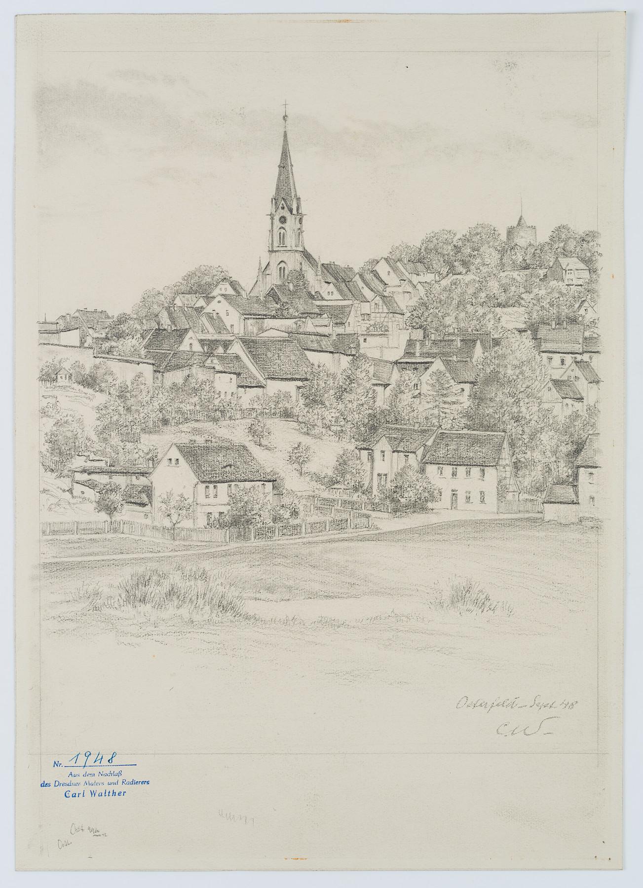 Vue d'Osterfeld avec l'église Luther (Burgenlandkreis en Saxony-Anhalt) - Art de Carl August Walther