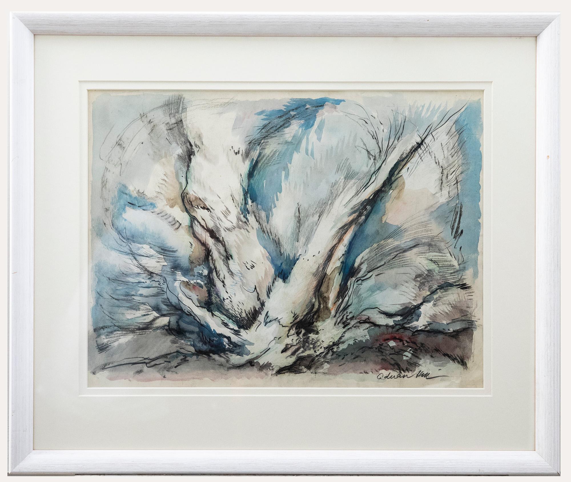 A dynamic charcoal and watercolour study of a large knotted tree by British artist Adrian Hill PROI RBA (1895-1977). Signed in charcoal to the lower right. Well-presented in a double card mount and white contemporary frame. On paper. 