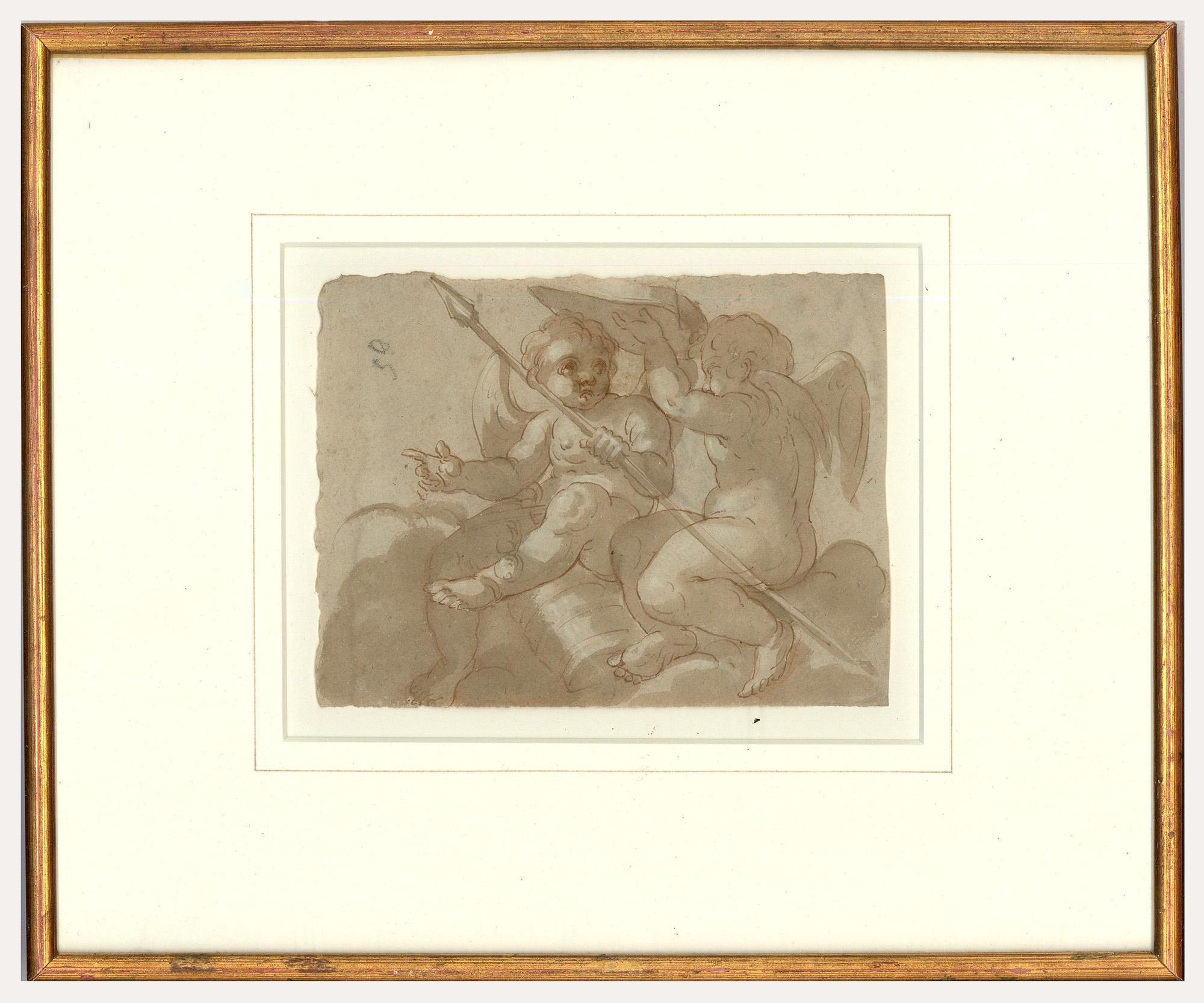 This fine renaissance study, attributed to Bolognese painter Prospero Fontana (1512-1597), depicts two cherubs seated in clouds, playing with the arms of Mars. Elegantly mastered in brown ink with washes of watercolour and 'lumi di biacca'. The