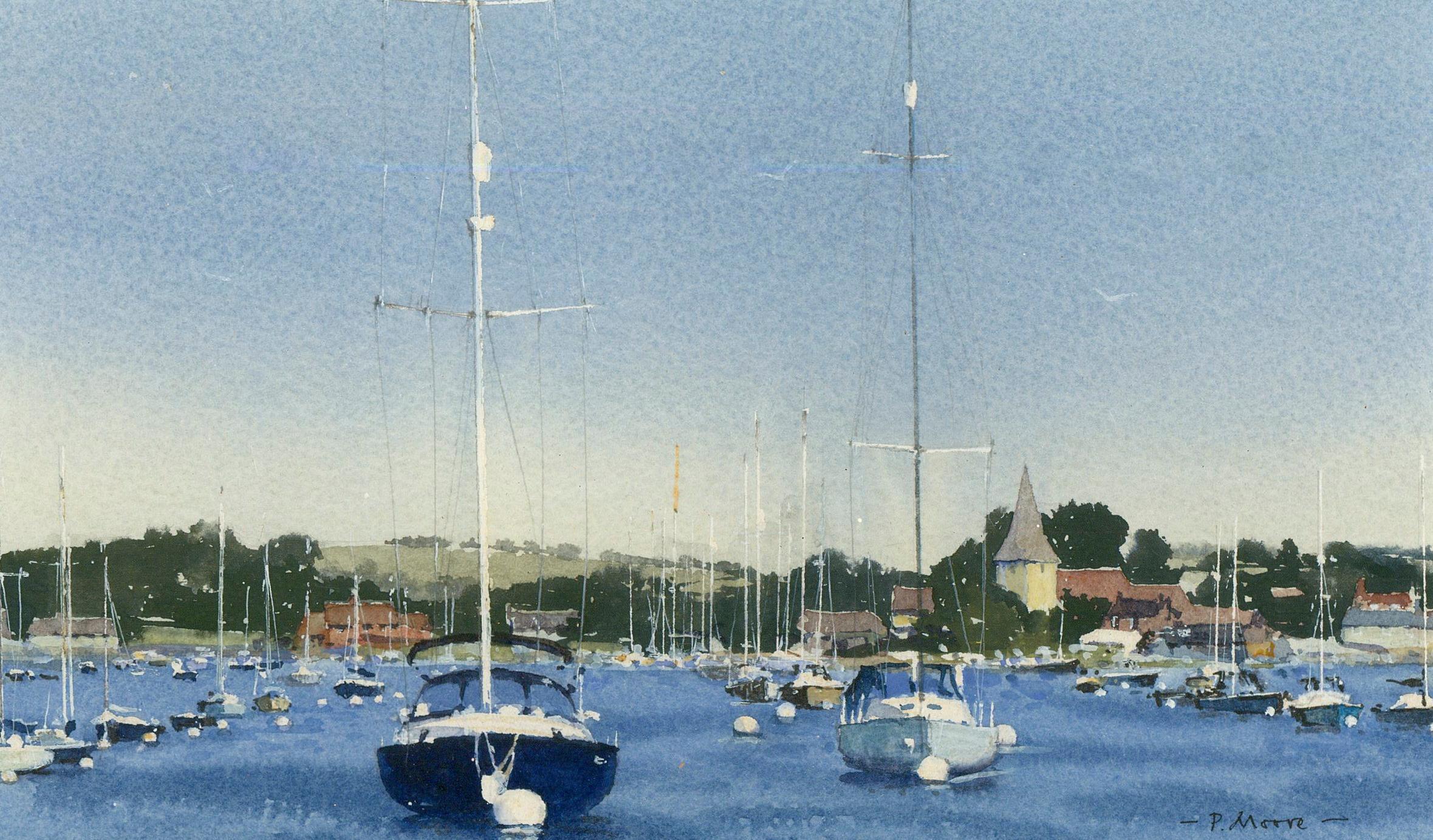 P. Moore - Framed Contemporary Watercolour, A Busy Mooring - Art by Unknown