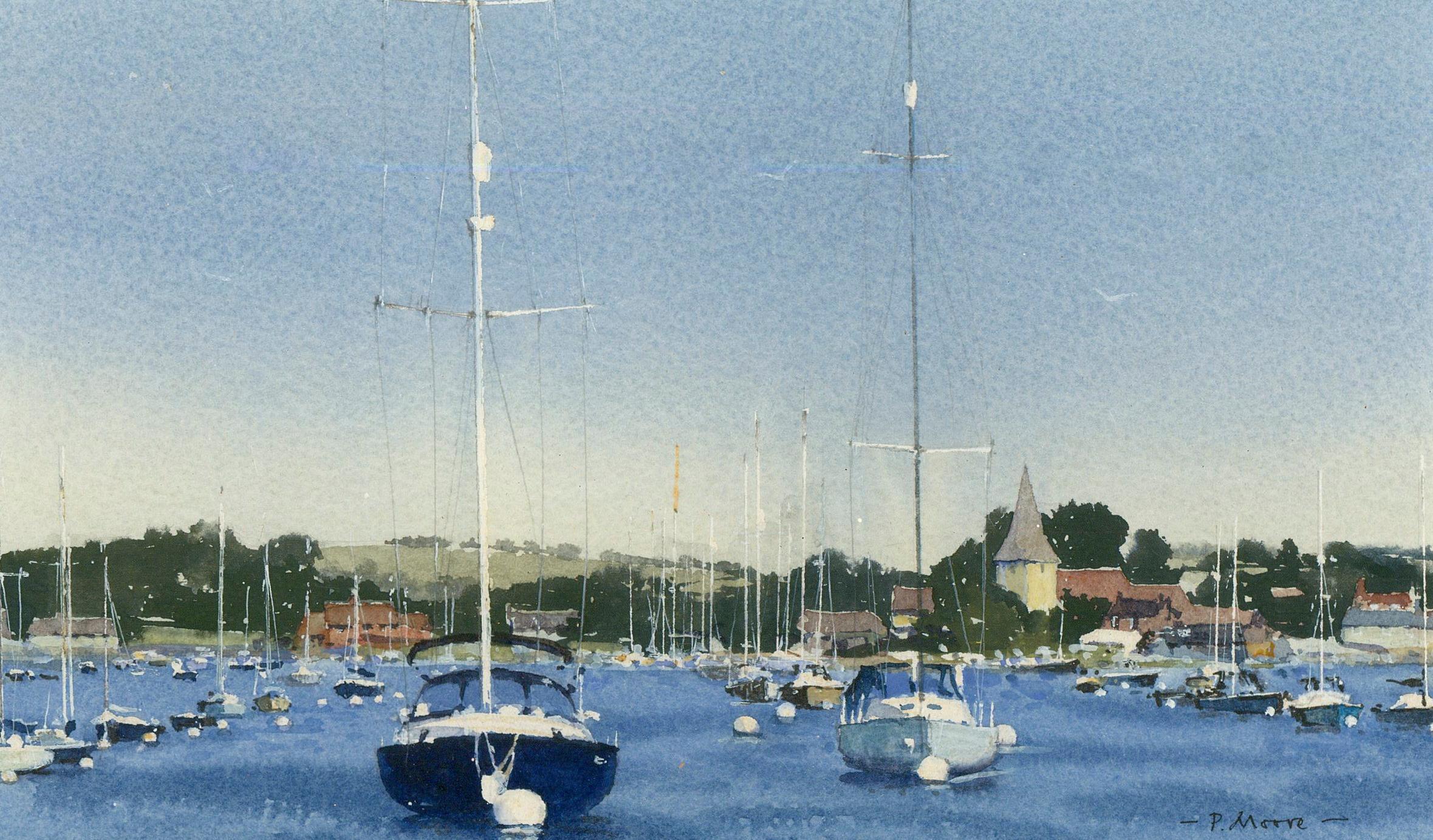 P. Moore - Aquarelle contemporaine encadrée, Un amarrage animé - Art de Unknown