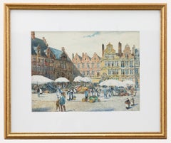 A.C.F. - Acquerello dei primi del Novecento incorniciato, La Grande Place, Bruxelles