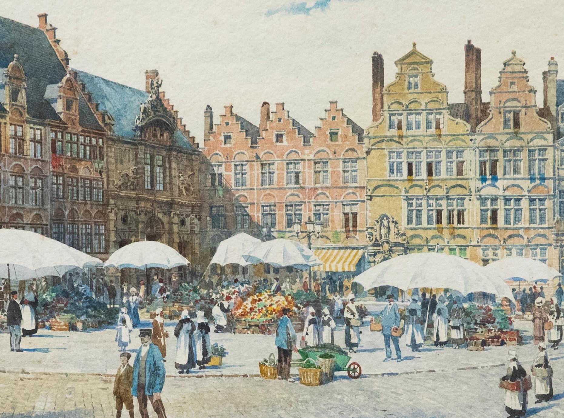 A.C.F. - Framed Early 20th Century Watercolour, La Grande Place, Brussels - Art by Unknown