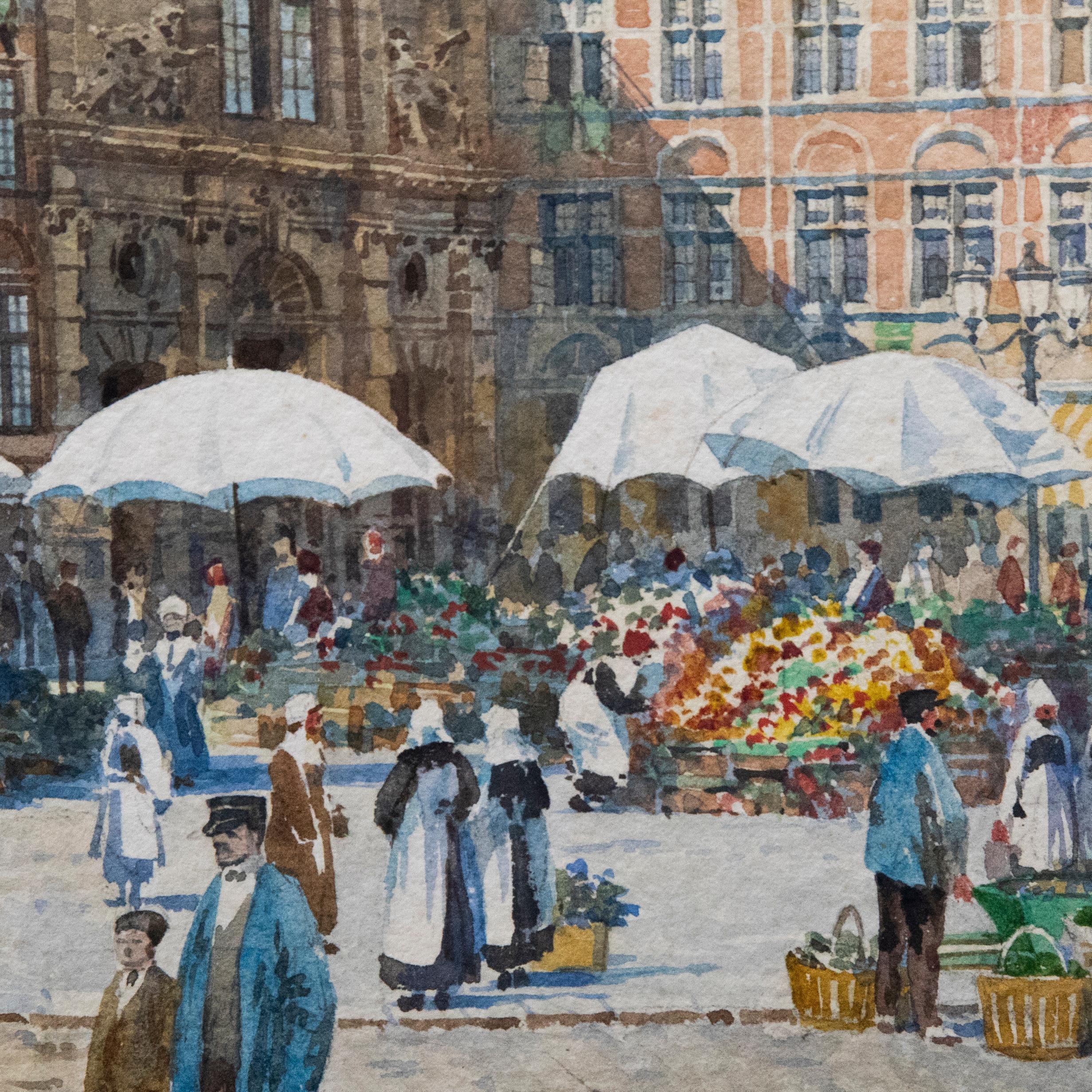 A.C.F. - Framed Early 20th Century Watercolour, La Grande Place, Brussels For Sale 1
