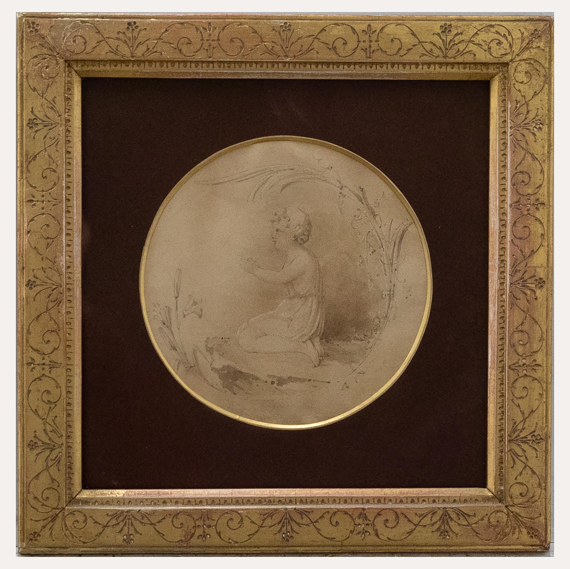 A delicate 18th century sepia watercolour depicting an angelic child praying amongst reeds. Beautifully presented in a period gilt frame with sgraffito decoration. Much of the artist's graphite workings can still be seen within scene. Inscribed