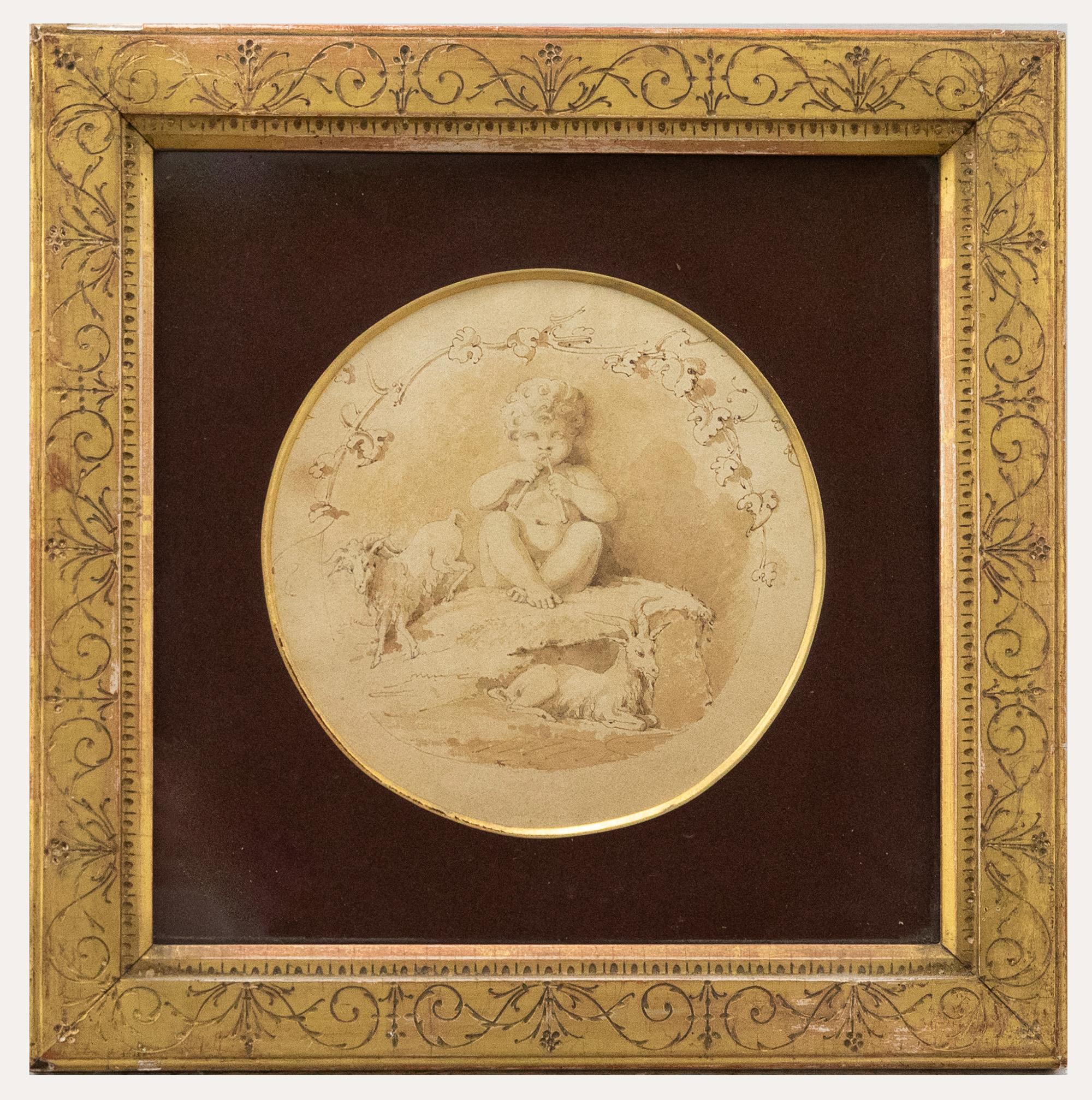 A delicate 18th century sepia watercolour depicting The Infant Bacchus with Goats. Beautifully presented in a period gilt frame with sgraffito decoration. Much of the artist's graphite workings can still be seen within the scene. Inscribed verso 'by