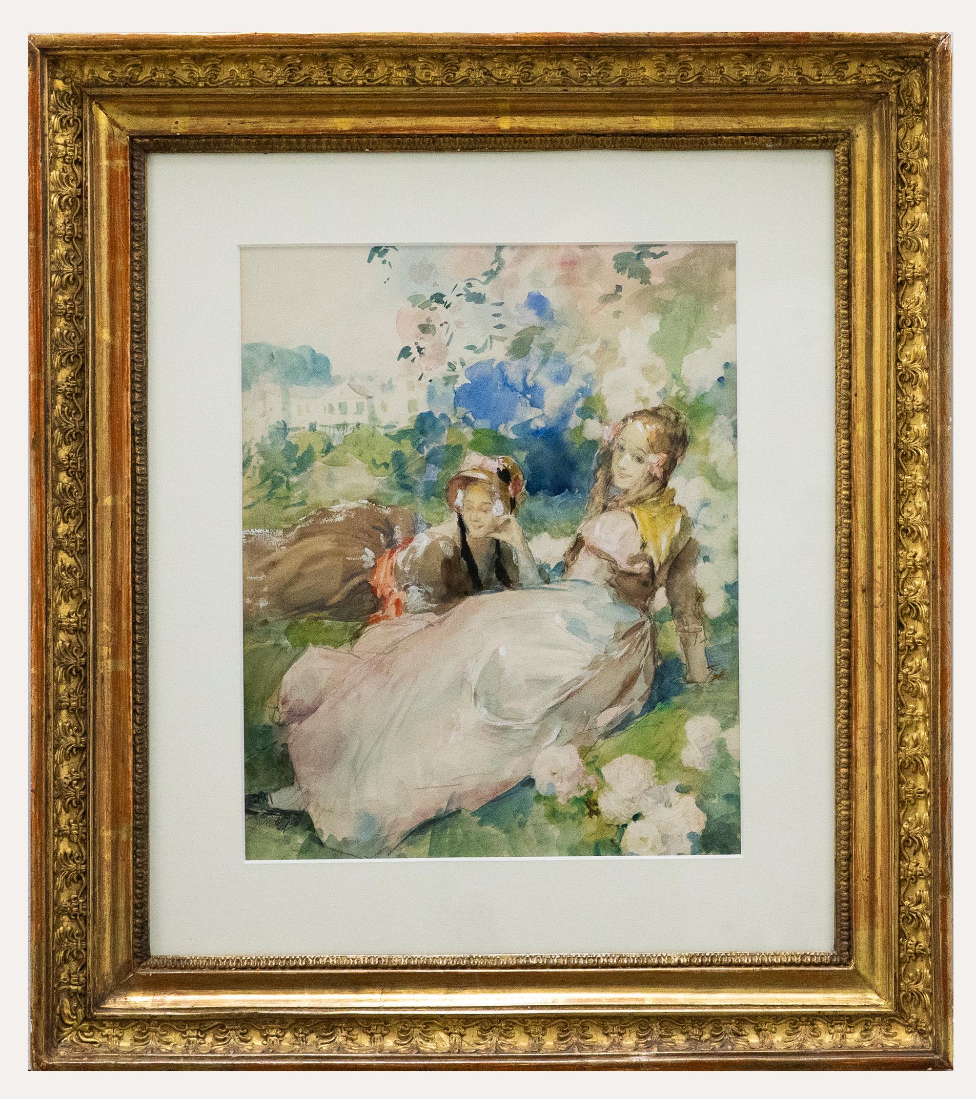 Une délicieuse étude à l'aquarelle de l'artiste français Antoine Calbet. La scène représente deux dames allongées dans un jardin majestueux en plein été. Ils sont entourés de roses en pleine floraison et l'on aperçoit au loin un manoir de campagne.