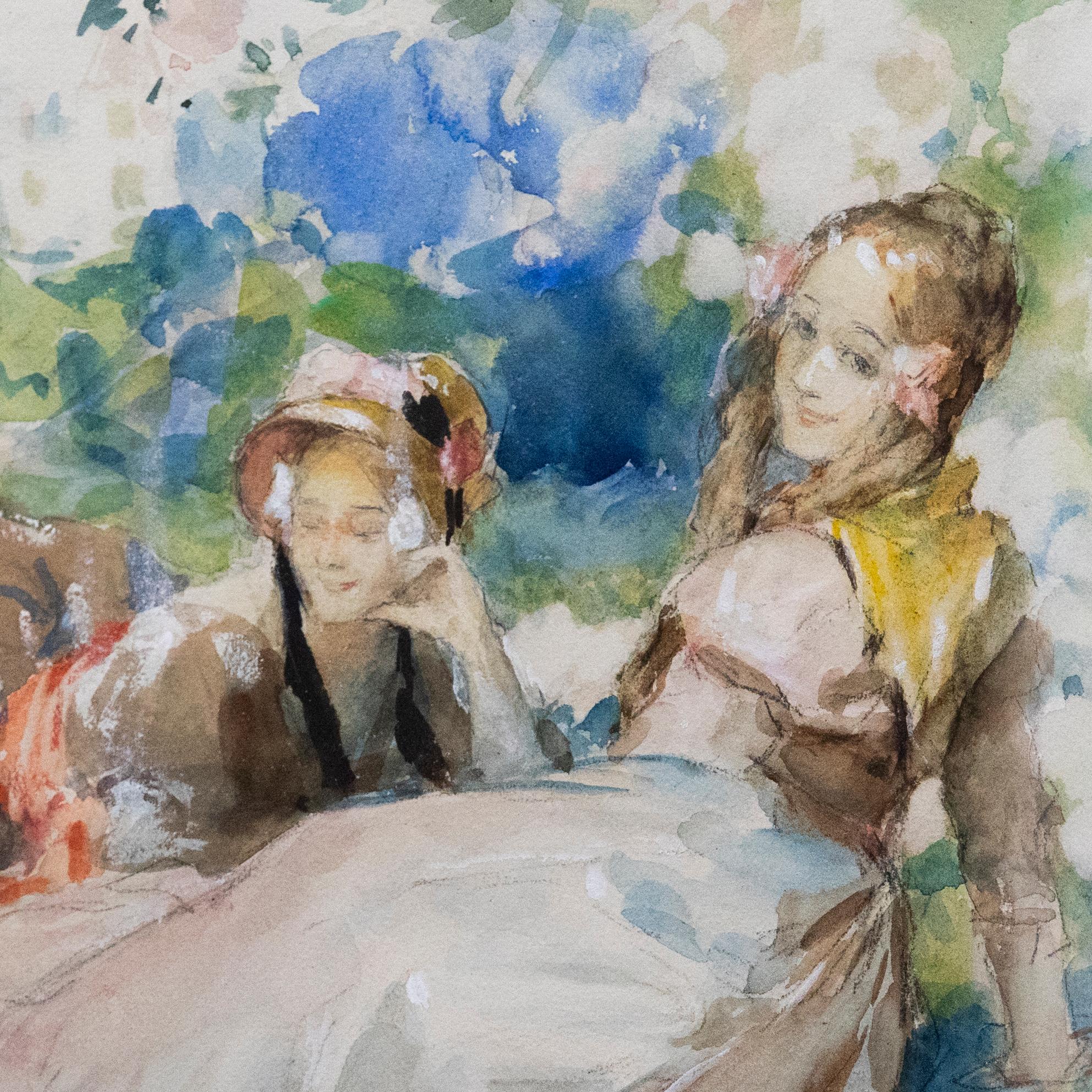 Antoine Calbet (1860-1944) - Early 20th Century Watercolour, Ladies in Summer For Sale 3