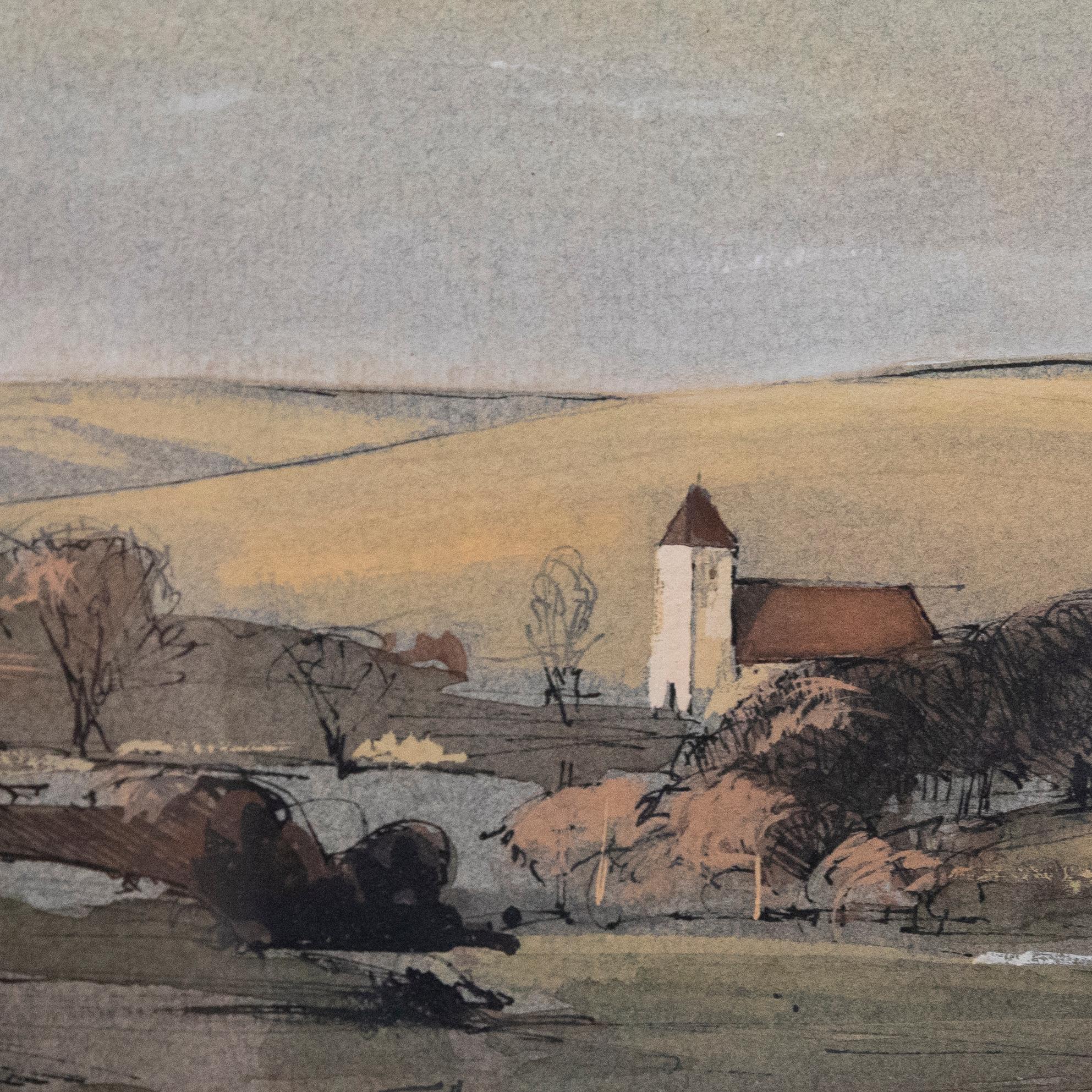 Atrib. Rowland Hilder (1905-1993) - Acuarela enmarcada, Una granja en Kent 3