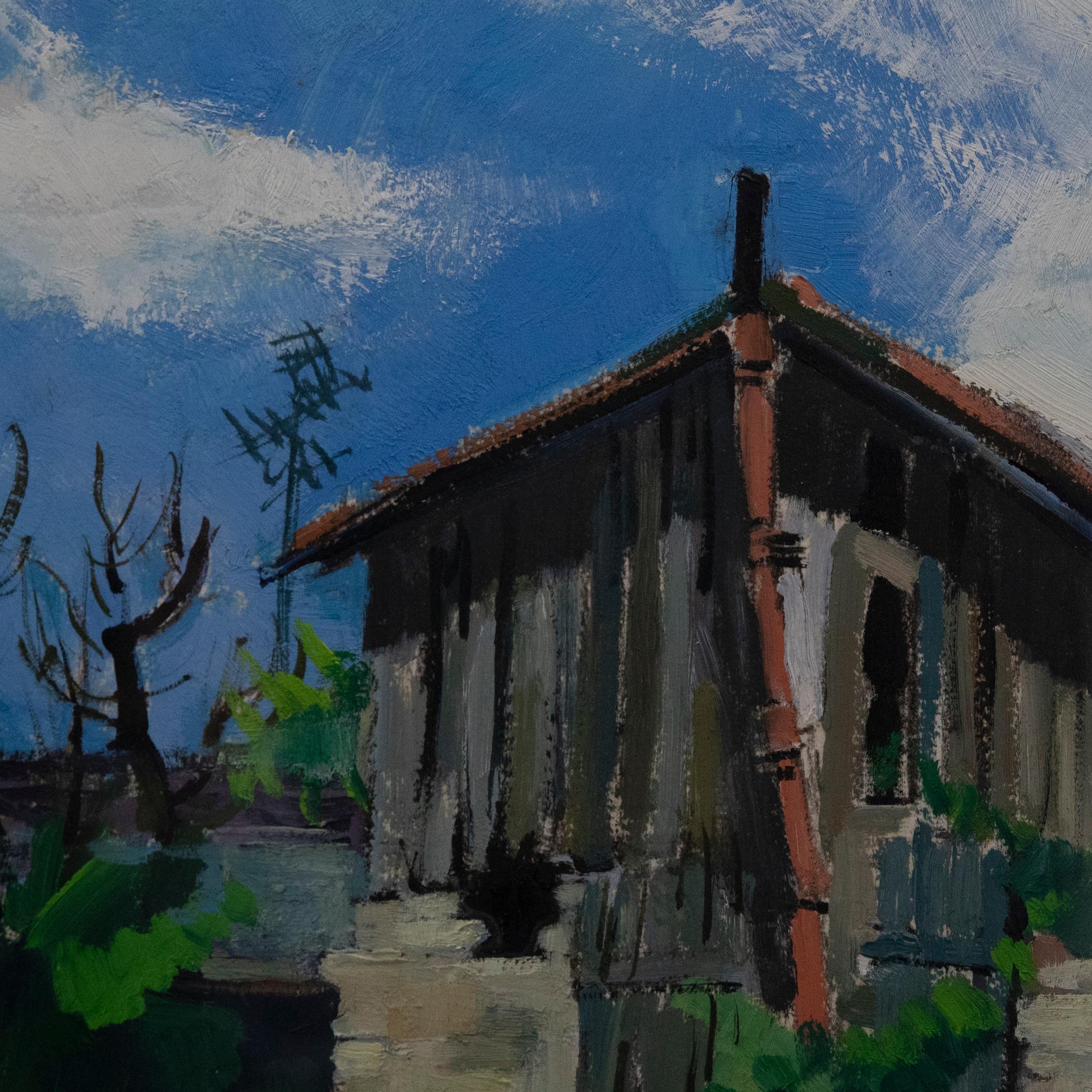 A vibrant and expressive oil painting of rural buildings, screened by a verdant orchard. Signed to the lower left. Presented in a large gilt-effect frame with new card mount. On paper. 
