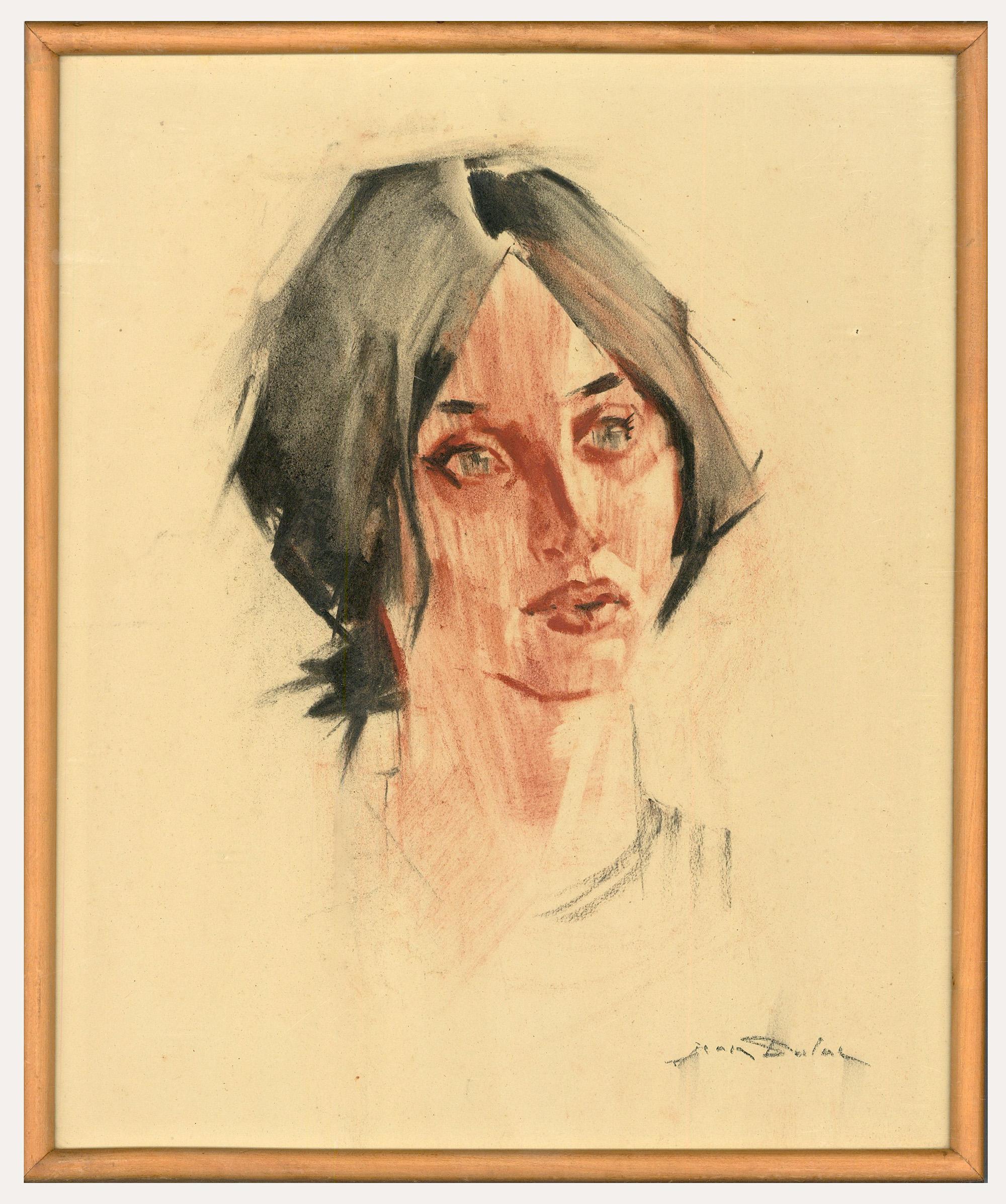 Unknown Portrait – Jean Dulac (1902-1968) – Pastellfarbenes, ein hübsches Gesicht, Mitte des 20. Jahrhunderts