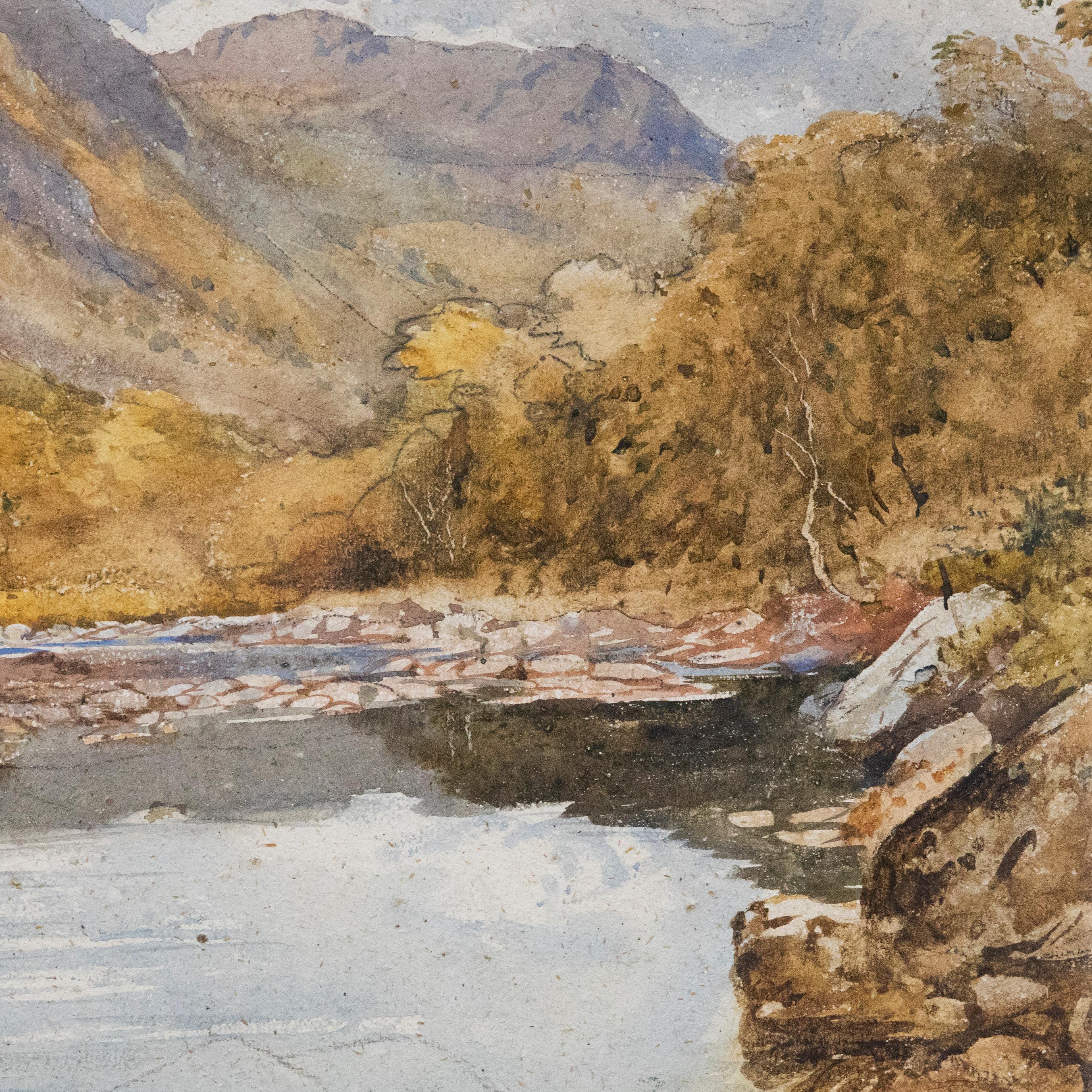 Un paysage accompli à l'aquarelle, attribué à l'artiste britannique David Cox Junior ARWS (1809-1885). Ici, COX représente une vue de Dolwyddelan dans la vallée de l'Afon Lledr. De fins détails en graphite et un travail au pinceau libre permettent