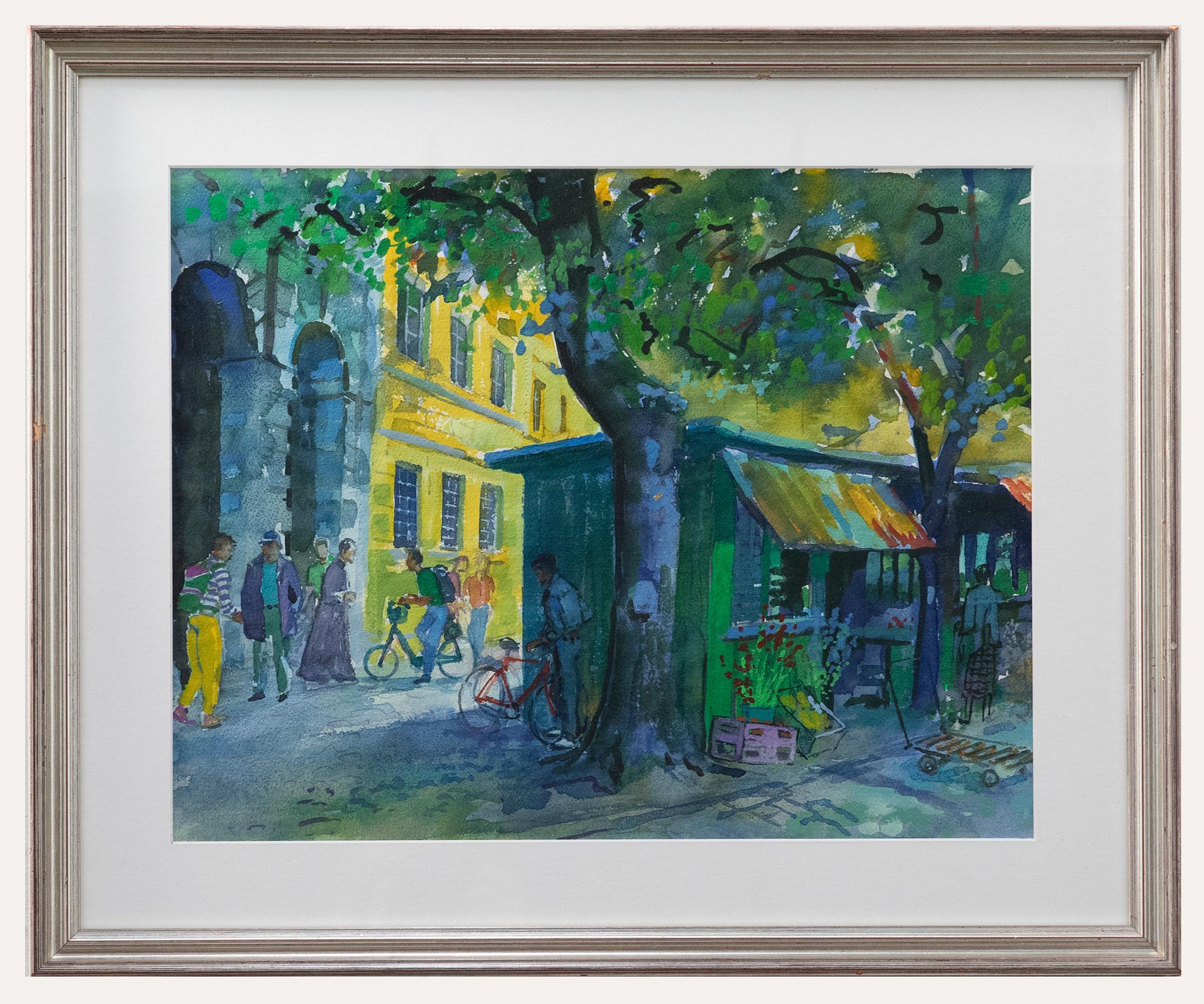 Unknown Landscape Art - Attrib. David Woods - Framed Contemporary Watercolour, Flower Stalls in the City