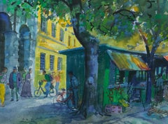 Attribué. David Woods - Aquarelle contemporaine encadrée, Étals de fleurs en ville