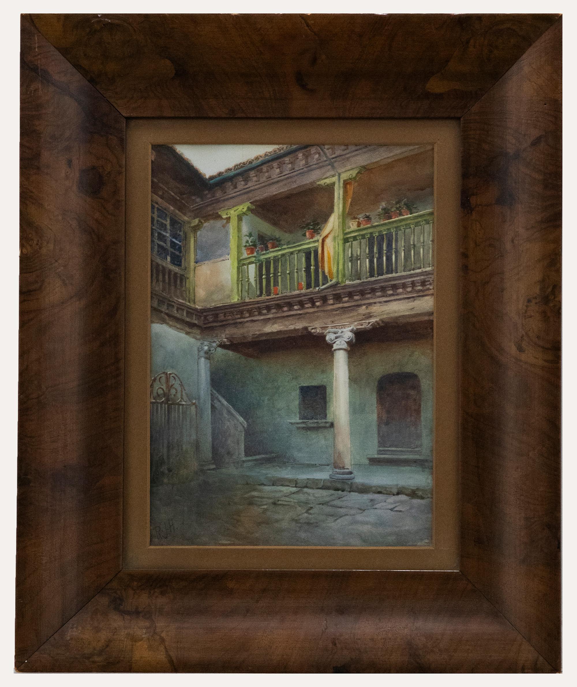 Unknown Landscape Art - R. J. H - Framed Early 20th Century Watercolour, Spanish Courtyard